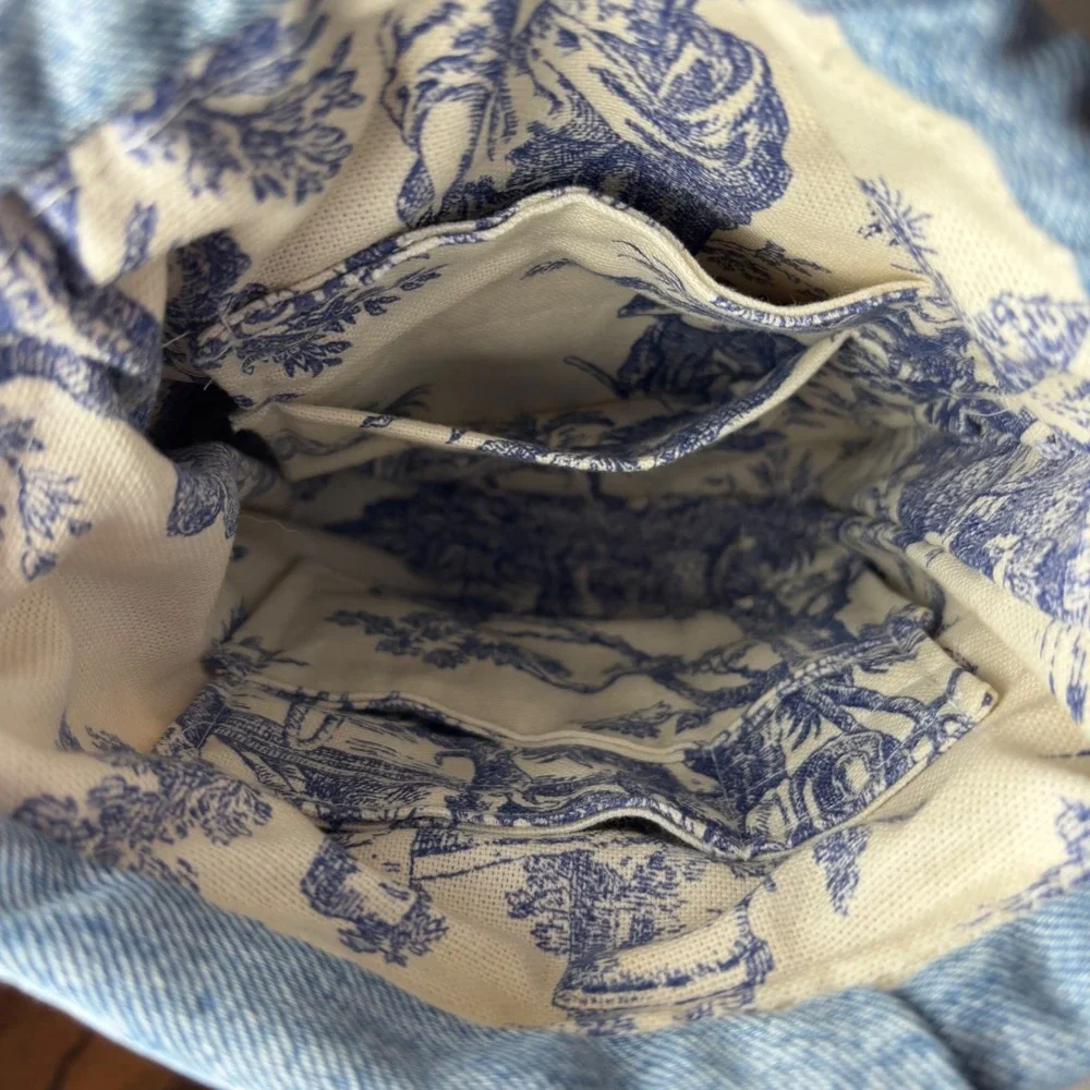 Handmade Quilted‎ Patchwork Denim Crossbody Bag Toile Lining Blue Tan Small